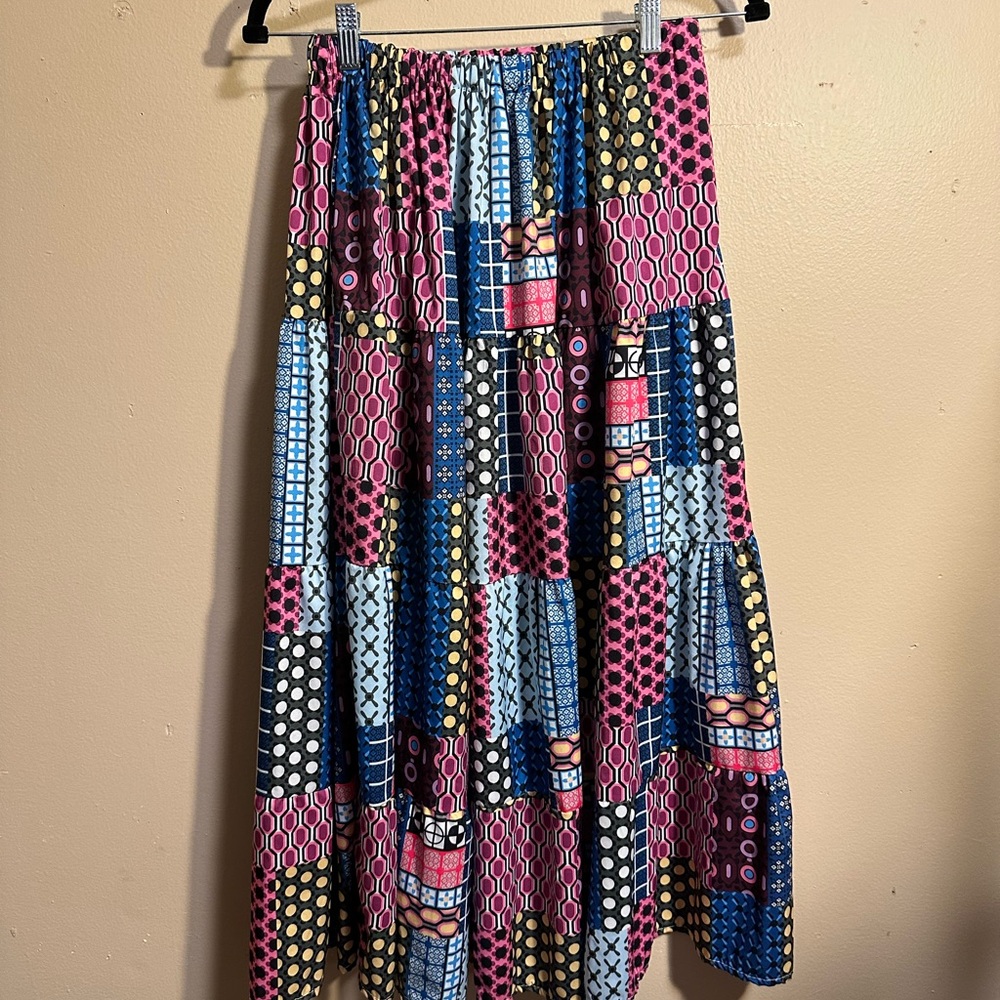Hand-Stitched Patchwork Geometric Midi Skirt - image 1